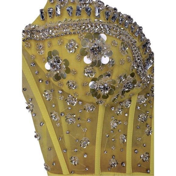NWT MAC DUGGAL Yellow Spaghetti Strap Beaded Sheer Bodice Gown with Slit Size Sm - Picture 12 of 16